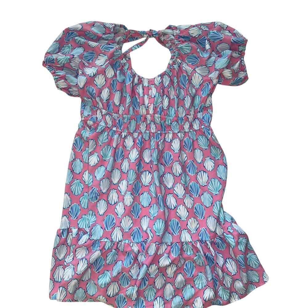 Simply Southern XL Shell Print Dress Pink Blue Puff Sleeve Tie Back Coastal - Picture 2 of 6